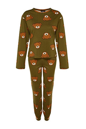 Kadın Moda Şık Bisiklet Yaka Boru Paça Uzun Kol %100 Pamuklu Ayıcık Desenli Örme Pijama Takımı