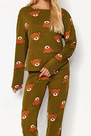 Kadın Moda Şık Bisiklet Yaka Boru Paça Uzun Kol %100 Pamuklu Ayıcık Desenli Örme Pijama Takımı