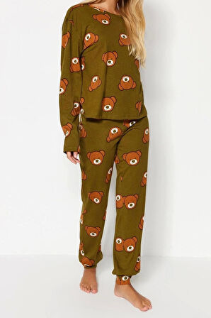 Kadın Moda Şık Bisiklet Yaka Boru Paça Uzun Kol %100 Pamuklu Ayıcık Desenli Örme Pijama Takımı