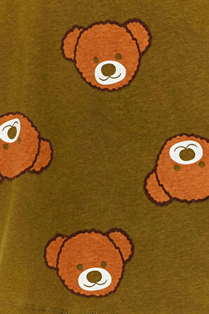 Kadın Moda Şık Bisiklet Yaka Boru Paça Uzun Kol %100 Pamuklu Ayıcık Desenli Örme Pijama Takımı