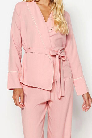Kadın Viskon Kruvaze Uzun Kol Pudra Biye Detaylı Kruvaze Viskon Gömlek-Pantolon Dokuma Pijama Takımı