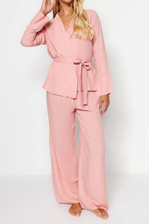 Kadın Viskon Kruvaze Uzun Kol Pudra Biye Detaylı Kruvaze Viskon Gömlek-Pantolon Dokuma Pijama Takımı