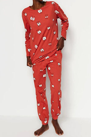 Kadın Moda Bisiklet Yaka Boru Paça Uzun Kol 100 Pamuk Göz Desenli T-shirt-Jogger Örme Pijama Takımı