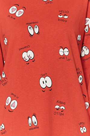 Kadın Moda Bisiklet Yaka Boru Paça Uzun Kol 100 Pamuk Göz Desenli T-shirt-Jogger Örme Pijama Takımı