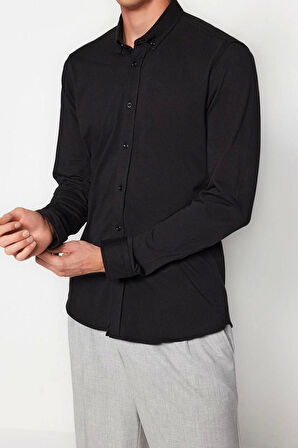 Erkek Moda Uzun Kol Örme Siyah Slim Fit Rahat Konforlu Esnek Düğmeli Yaka Basic Gömlek