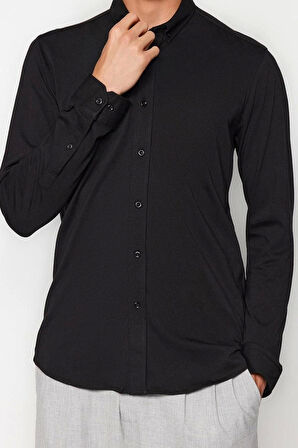 Erkek Moda Uzun Kol Örme Siyah Slim Fit Rahat Konforlu Esnek Düğmeli Yaka Basic Gömlek