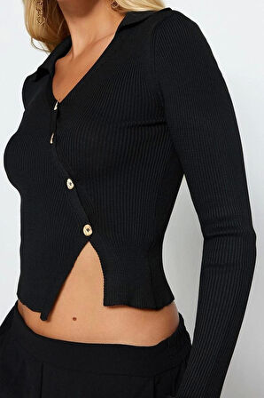 Kadın Moda Şık Polo Yaka Standart Kol Crop Triko Kazak
