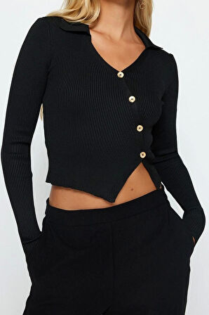 Kadın Moda Şık Polo Yaka Standart Kol Crop Triko Kazak