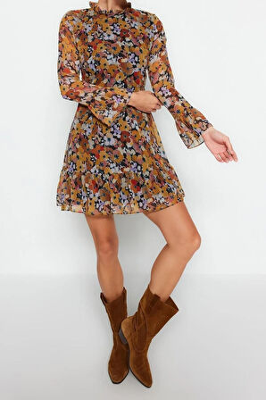 Yeni Regular Gündüz Gece Şifon Dokuma Dik Yaka Uzun Kol A-Line Mini Boy Elbise