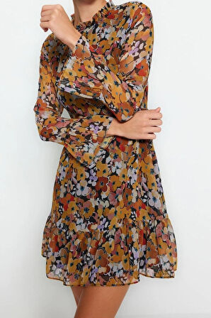 Yeni Regular Gündüz Gece Şifon Dokuma Dik Yaka Uzun Kol A-Line Mini Boy Elbise