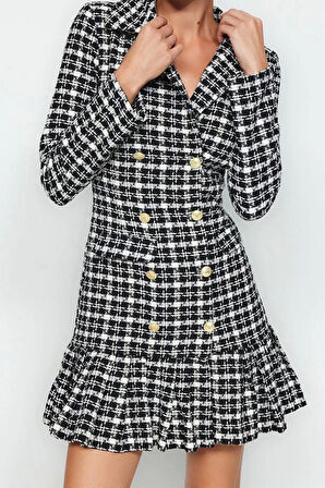 Yeni Regular Business Tüvit Dokuma Ceket Yaka Uzun Kol Ceket Elbise Mini Boy Elbise