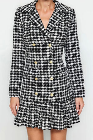 Yeni Regular Business Tüvit Dokuma Ceket Yaka Uzun Kol Ceket Elbise Mini Boy Elbise