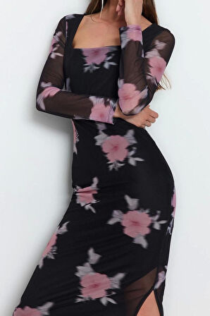 Kadın Moda Şık Midi Boy Kare Yaka Slim Tül Çiçekli Vücuda Oturan Esnek Örme Kalem Elbise