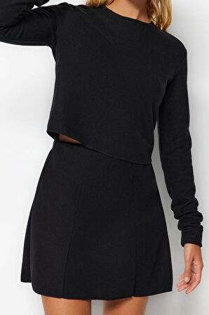 Kadın Moda Şık Crop Bisiklet Yaka Regular Kalıp Örme Düşük Omuzlu Selanik Triko Görünümlü Bluz