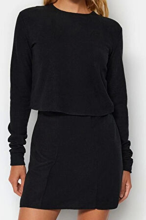 Kadın Moda Şık Crop Bisiklet Yaka Regular Kalıp Örme Düşük Omuzlu Selanik Triko Görünümlü Bluz