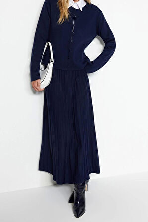 Kadın Moda Şık Regular Uzun Boy Uzun Kollu Düğmeli Hırka-Etek Triko Alt-Üst Takım