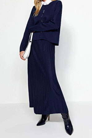 Kadın Moda Şık Regular Uzun Boy Uzun Kollu Düğmeli Hırka-Etek Triko Alt-Üst Takım