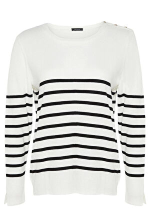 Kadın Büyük Beden Moda Şık Regular Bisiklet Yaka Uzun Kol Çizgili Triko Kazak