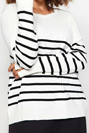 Kadın Büyük Beden Moda Şık Regular Bisiklet Yaka Uzun Kol Çizgili Triko Kazak