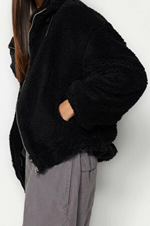 Kadın Moda Şık Oversize Dik Yaka Standart Düz Astarlı Oversize Peluş Mont