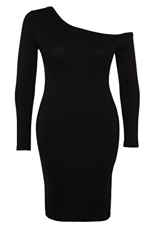 Yeni Fit Casual Günlük Kaşkorse Örme Degaje Yaka Uzun Kol Bodycone Mini Boy Büyük Beden Elbise