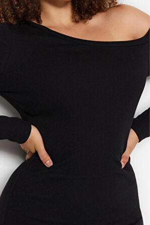Yeni Fit Casual Günlük Kaşkorse Örme Degaje Yaka Uzun Kol Bodycone Mini Boy Büyük Beden Elbise