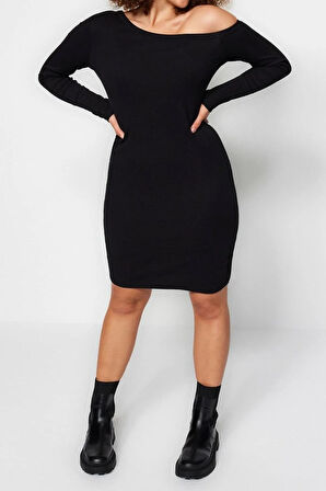 Yeni Fit Casual Günlük Kaşkorse Örme Degaje Yaka Uzun Kol Bodycone Mini Boy Büyük Beden Elbise