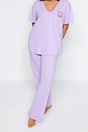 Büyük Beden Kadın Pamuklu V Yaka Kısa Kol Baskılı Cep Detaylı Örme Pijama Takımı