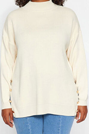 Kadın Büyük Beden Moda Şık Uzun Balıkçı Yaka Uzun Kol Düz Düğme Detaylı Balıkçı Yaka Triko Kazak