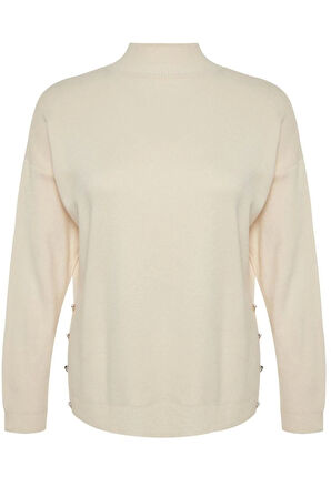 Kadın Büyük Beden Moda Şık Uzun Balıkçı Yaka Uzun Kol Düz Düğme Detaylı Balıkçı Yaka Triko Kazak