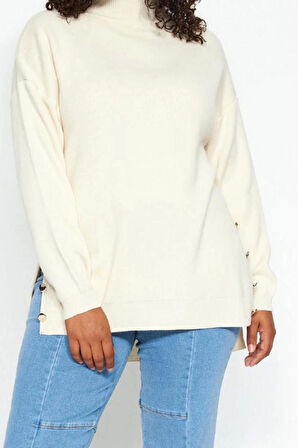 Kadın Büyük Beden Moda Şık Uzun Balıkçı Yaka Uzun Kol Düz Düğme Detaylı Balıkçı Yaka Triko Kazak