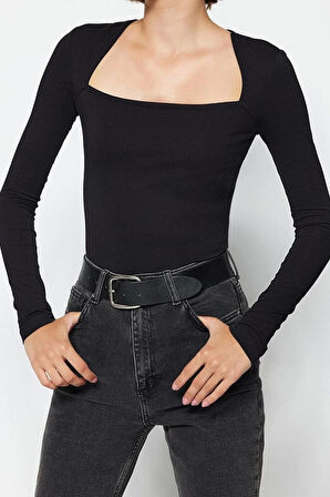 Kadın Moda Şık Crop Kare Yaka Slim Kalıp Örme Pamuklu Esnek Fitted Vücuda Oturan Esnek Bluz