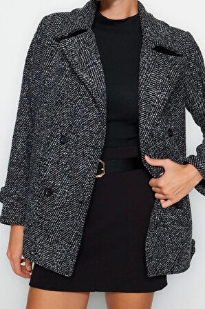 Kadın Moda Şık Oversize Ceket Yaka Midi Kırçıllı Astarlı Oversize Geniş Kesim Kırçıllı Kaşe Kaban