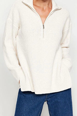 Kadın Moda Şık Dik Yaka Düşük Kol Regular Geniş Kalıp Triko Kazak