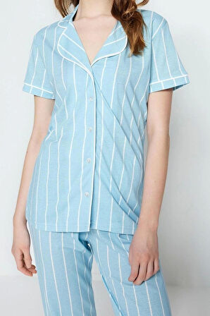 Kadın Gömlek Yaka Kısa Kol Pamuklu Çizgili Biye Detaylı Uyku Bantlı Örme Pijama Takımı