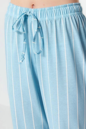 Kadın Gömlek Yaka Kısa Kol Pamuklu Çizgili Biye Detaylı Uyku Bantlı Örme Pijama Takımı