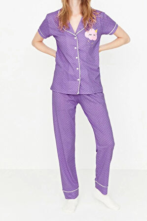 Kadın Pamuk Polyester Gömlek Yaka Kısa Kol Baskılı Gömlek-Pantolon Örme Pijama Takımı