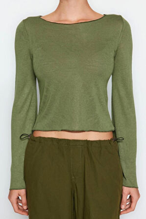 Kadın Moda Şık Üst Giyim Crop Bisiklet Yaka İspanyol Kol Regular Kalıp Örme Kayık Yaka Fit Bluz