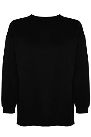 Kadın Büyük Beden Oversize Bisiklet Yaka Standart Kol Kalın İçi Polarlı Yırtmaçlı Örme Sweatshirt