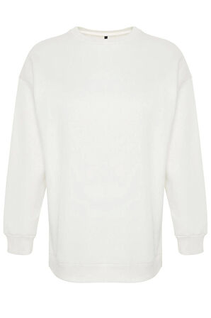 Kadın Büyük Beden Oversize Bisiklet Yaka Standart Kol Kalın İçi Polarlı Yırtmaçlı Örme Sweatshirt