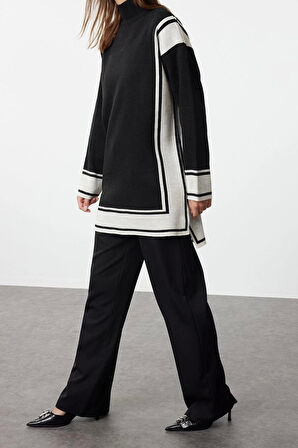 Kadın Moda Şık Regular Boy Uzun Kollu Rahat Kesim Triko Çizgili Tunik-Pantolon Alt-Üst Takım