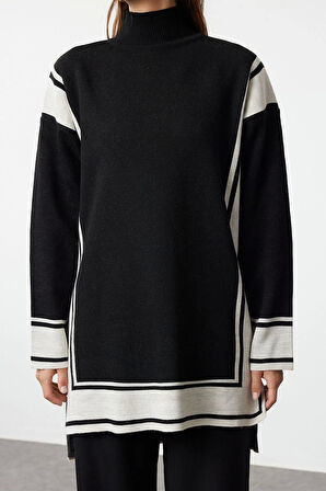 Kadın Moda Şık Regular Boy Uzun Kollu Rahat Kesim Triko Çizgili Tunik-Pantolon Alt-Üst Takım