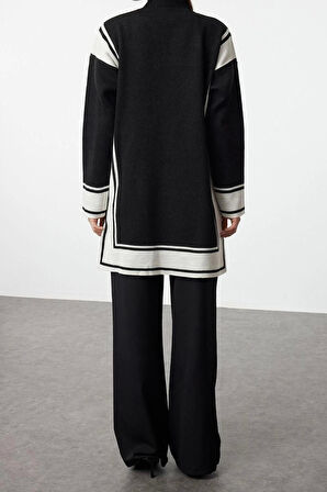 Kadın Moda Şık Regular Boy Uzun Kollu Rahat Kesim Triko Çizgili Tunik-Pantolon Alt-Üst Takım