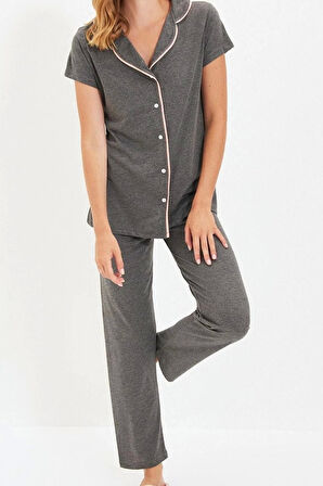 Kadın Moda Şık Ceket Yaka Boru Paça Uzun Kol Biyeli Gömlek-Pantolon Örme Pijama Takımı