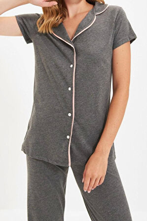 Kadın Moda Şık Ceket Yaka Boru Paça Uzun Kol Biyeli Gömlek-Pantolon Örme Pijama Takımı