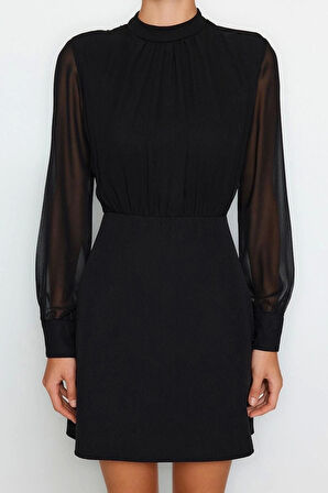 Yeni Fit Gündüz Gece Finike Dokuma Dik Yaka Uzun Kol Bodycone Mini Boy Elbise