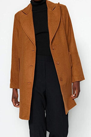 Kadın Moda Şık Bol Ceket Yaka Midi Düz Astarlı Oversize Geniş Kesim Kaşe Kaban