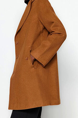Kadın Moda Şık Bol Ceket Yaka Midi Düz Astarlı Oversize Geniş Kesim Kaşe Kaban