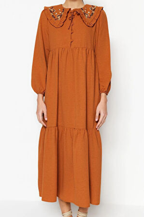 Yeni Regular Casual Günlük Keten Görünümlü Dokuma Bebe Yaka Uzun Kol Basic Maxi Boy Tesettür Elbise