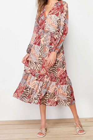 Yeni Regular Gündüz Gece Şifon Dokuma V Yaka Uzun Kol A-Line Midi Boy Elbise